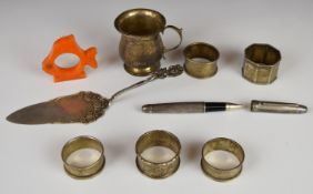 Hallmarked silver christening tankard of baluster form, height 7cm, five various hallmarked silver