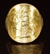 A 9ct gold ring set with a 1912 gold full sovereign, 10.6g, size P