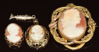 A 9ct gold pendant (8.6g), 9ct gold brooch (4.4g) and Victorian brooch all set with cameos, and a