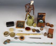 Art Deco style figure, box made from teak of HMS Iron Duke, Tunbridge ware, thimble case and pin