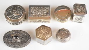 Seven various trinket pots including a Dutch example, one marked 925 and another marked 800,