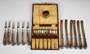Six hallmarked silver teaspoons, napkin ring marked silver and a set of six hallmarked silver pistol