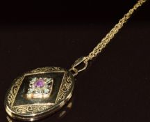 A 9ct gold locket set with an amethyst (3.4cm) on 9ct gold chain, 47cm, 4.2g