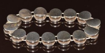 Georg Jensen silver bracelet, designed by Nanna Ditzel, comprising 14 double concave oval links,