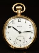 Fortex 9ct gold keyless winding open faced pocket watch with inset subsidiary seconds dial, blued