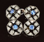 A pair of 9ct white gold cufflinks each set with a sapphire and diamonds in an octagonal setting,
