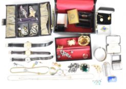 A collection of costume jewellery including silver bangle, Stratton horse brooch, watches, enamel