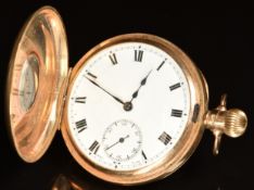Unnamed 9ct gold keyless winding half hunter pocket watch with subsidiary seconds dial, blued hands,