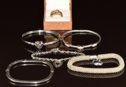 Five silver bracelets including three Clogau (100g) and a three silver Clogau rings matching up to