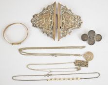 A collection of silver jewellery including chain, coin brooch, bangle, pendant and Art Nouveau