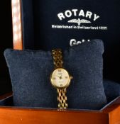 Rotary Elite 9ct gold ladies wristwatch with gold hands and Roman numerals, mother of pearl dial and