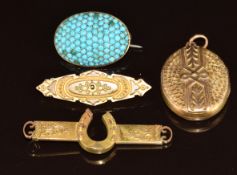 A c1910 9ct gold horseshoe brooch (2.3g), yellow metal Victorian locket (6.1g), 9ct gold brooch (1.