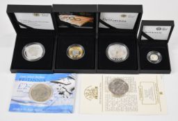Six Royal Mint silver coins comprising 2008 proof 1oz Britannia and proof 1/10 ounce Britannia, 2005