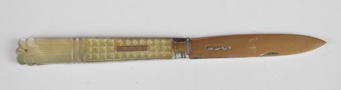William IV hallmarked silver and mother of pearl folding fruit knife with carved and studded