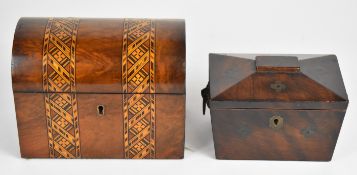 18th / 19thC brass inlaid rosewood tea caddy and a Tunbridgeware domed top two division tea caddy,