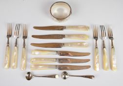 A set of six Mappin & Webb hallmarked silver mother of pearl handled dessert knives and forks,