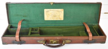Atkin, Grant & Lang brass and leather bound shotgun carry case with fitted interior and 'Atkin,