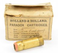 Ten vintage Holland & Holland Paradox 12 bore brass cased cartridges, in original box. PLEASE NOTE
