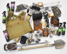 A collection of gun and shooting related items including shooting stick/ seat, military vest and
