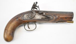 Unnamed 20 bore flintlock coat pistol with engraved lock, top strap, brass trigger guard and mounts,