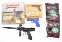 A collection of airsoft and paintball items comprising ZM17 Super Power 6mm airsoft pistol,