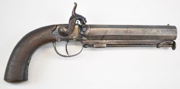 English 16 bore percussion hammer action 'man stopper' belt pistol with engraved lock, hammer top