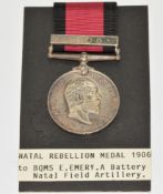 Natal Rebellion Medal 1907 Medal with clasp for 1906 named to BQMS E Emery, A Battery NFA