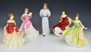 Royal Copenhagen figurine of a girl holding her hat behind her back, and a set of four Royal Doulton