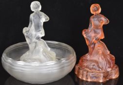 Two Art Deco style glass centrepieces featuring Peter Pan and Wendy, largest 27cm tall.