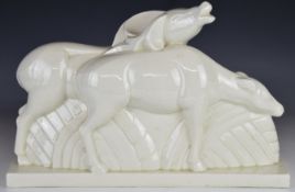 Charles Lemanceau Art Deco pottery figure of Buffalo, W45 x H30cm