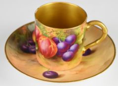 Royal Worcester painted fruit coffee can and tea cup saucer decorated with peaches, cherries and