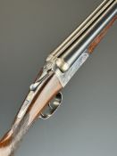 AYA Yeoman 12 bore side by side shotgun with named and border engraved locks, chequered grip and