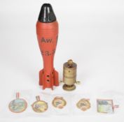 Inert mortar round with plastic cone body stencilled AW14 23.3.41, together with a Teller mine