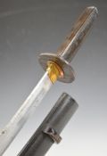 Japanese short sword with wooden grips, decorated tsuba, 38cm single edged blade and scabbard.