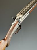 Belgian 12 bore side by side hammer action shotgun with chequered semi-pistol grip, double trigger