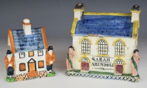 Two Prattware money boxes including an unusual large sized example inscribe Sarah Arundell, both
