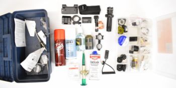 A collection of air rifle and gun parts and accessories including multi-shot rotary magazines, red