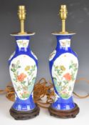 A pair of 19th/20thC Chinese table lamps with flora decoration, H45cm