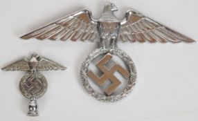 Two German WW2 Nazi Third Reich metal / chrome eagle badges, largest with 17cm wingspan