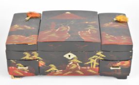 Japanese lacquer and mother of pearl jewellery / vanity case with fitted interior, fold out