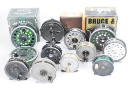 Vintage trout, salmon and centrepin fishing reels including Farlow and Co 2¾. Young's, two Pridex (