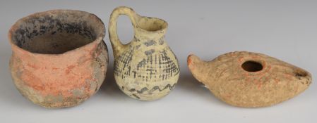 Roman lamp with certificate stating origin as Palestine, Roman redware flared vessel and an