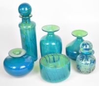 Six Mdina art glass vases and scent bottles including blue and green 'Sea and Sand' designs, all