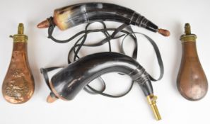 Four powder flasks/ horns comprising two copper and powder flasks, one Sykes, one stamped '