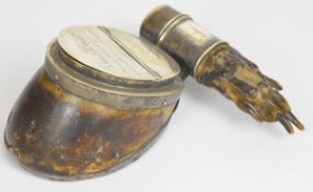 Taxidermy horse hoof inkwell with plated mount and additional greyhound / long dog mounted foot