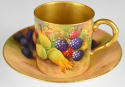 Royal Worcester painted fruit coffee can and saucer decorated with peaches, cherries, blackberries