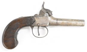 English percussion hammer action pocket pistol with shaped wooden grip and 3 inch turn-off smooth