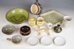 Collection of studio / art pottery including retro Rye Pottery, Aviemore, hare, storage 'cloves'