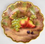Royal Worcester painted fruit cabinet plate with gadrooned and gilded rim, signed Jones, diameter