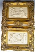 Pair of continental relief moulded ceramic plaques with classical decoration and ornate gilt frames,